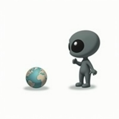 Alien figure interacts with globe in a playful manner