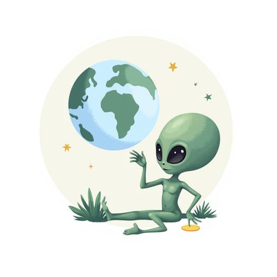 Friendly alien waving at earth from a distant planet