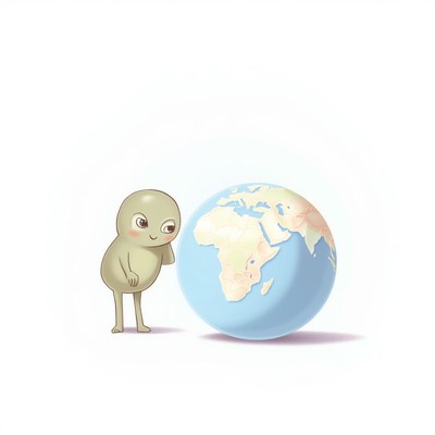 Cute alien character with globe in playful interaction