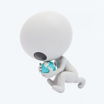 Character holding a globe with a caring expression