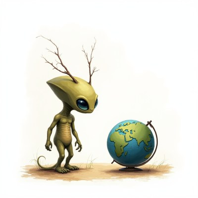 Alien creature observes globe on an alien planet