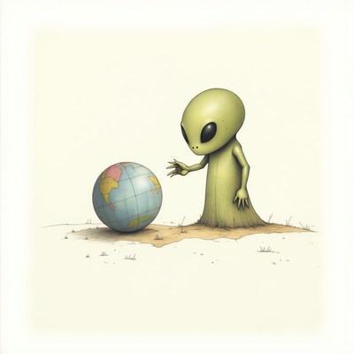 Alien figure explores earth while observing a globe
