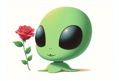 Cute alien holding a rose with a friendly expression