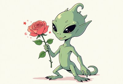 Alien character holding a rose in a cheerful pose