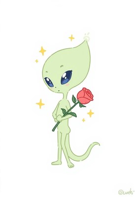 Friendly alien character holding a rose with sparkles