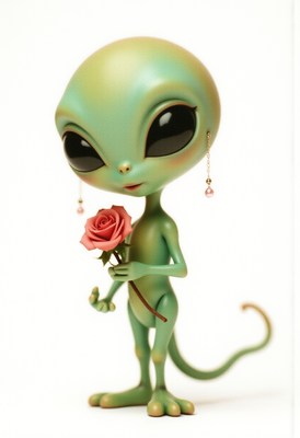 Alien character holding a rose in a whimsical pose
