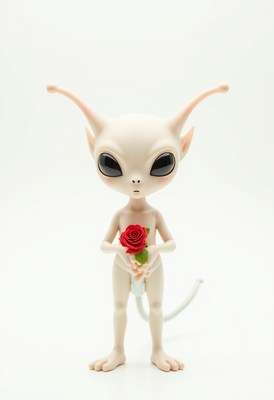 Alien figure holds rose in minimalistic setting