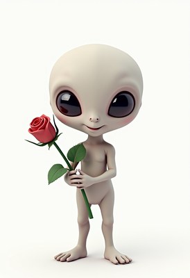 Cute alien holding a rose in a simple setting