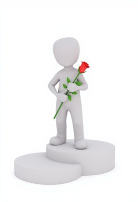 Figure holding a rose on a pedestal in a minimal setting