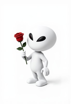 Alien character holding a red rose in a simple setting