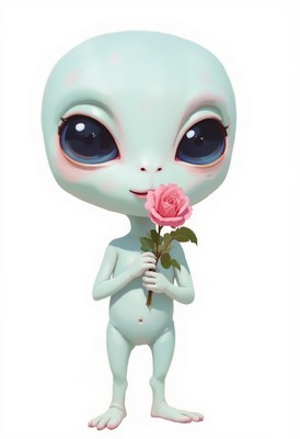 Alien character holding a pink rose with a smile