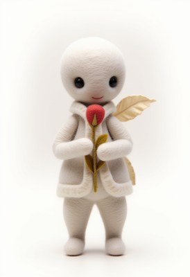 Soft figurine holds rose in delicate embrace