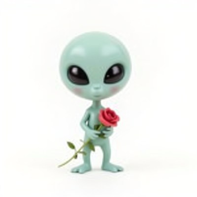 Alien figure holds a red rose with curiosity