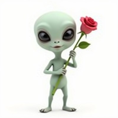 Cute alien character holding a pink rose in hands