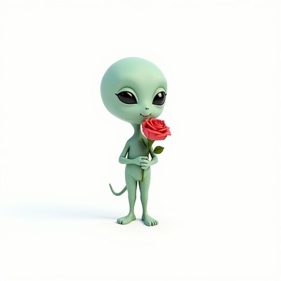 Alien character holding a rose in a minimalist setting