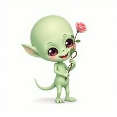 Cute green creature holding a rose in a whimsical pose