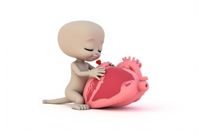 Cute character embracing a large heart sculpture