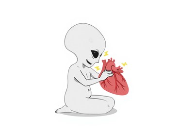 Alien character holding heart with expressive features
