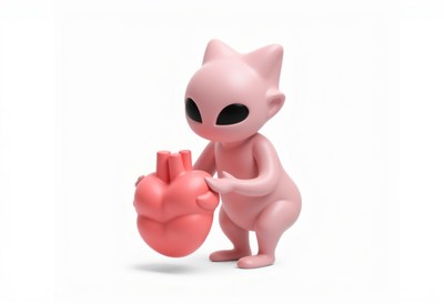 Cute pink figure holding red heart sculpture indoors