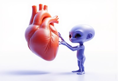 Alien interacts with oversized heart sculpture in studio