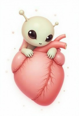 Cute alien character hugging a cartoon heart design