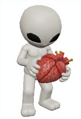 Alien character holding a large heart-shaped object