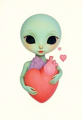 Alien character holding heart with pastel colors