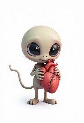 Cute alien character holding a heart in a playful setting
