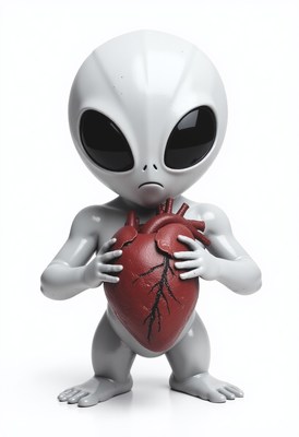 Alien creature holding a red heart sculpture in studio