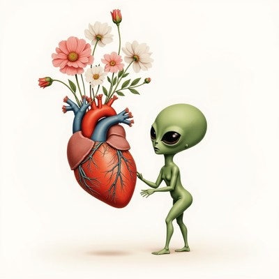 Alien with heart and flowers in a dreamlike scene