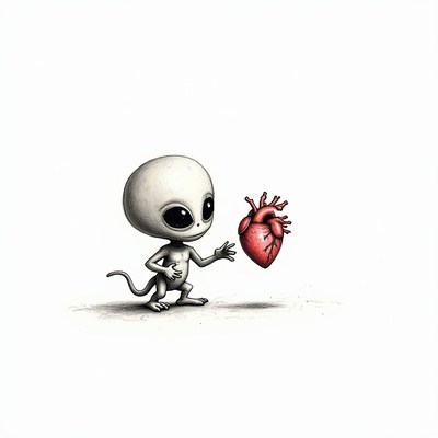 Cute alien interacting with a heart-shaped object