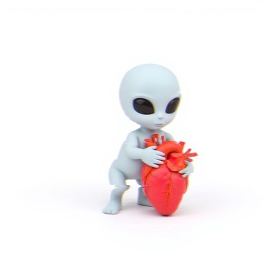 Small alien holds a red heart in a surreal setting