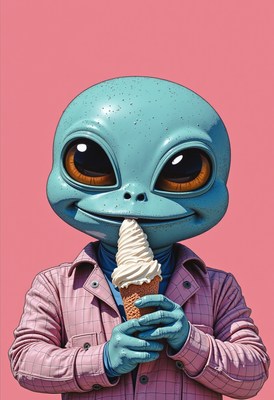 Alien enjoying ice cream in a whimsical setting