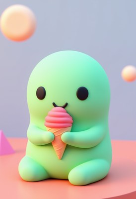 Cute green character enjoying ice cream in pastel setting
