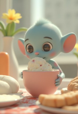 Cute character enjoying ice cream in a sunny kitchen