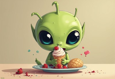 Cute alien enjoys ice cream with fresh raspberries