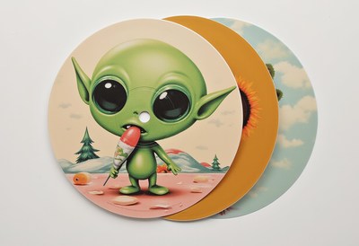 Green alien with popsicle in colorful art