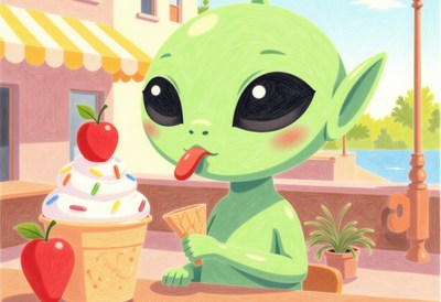 Alien enjoys ice cream on a sunny day at cafe