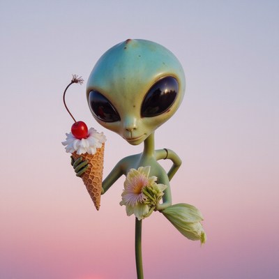Alien enjoying ice cream during sunset at a colorful sky
