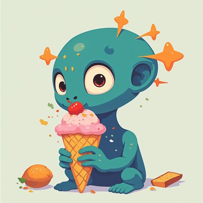 Alien child enjoying a colorful ice cream cone