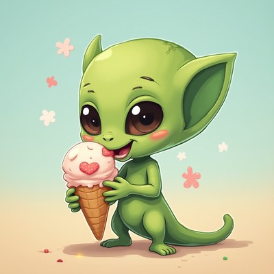 Cute green creature enjoying ice cream on a sunny day