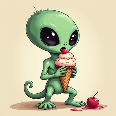 Green alien enjoying ice cream with cherry on top