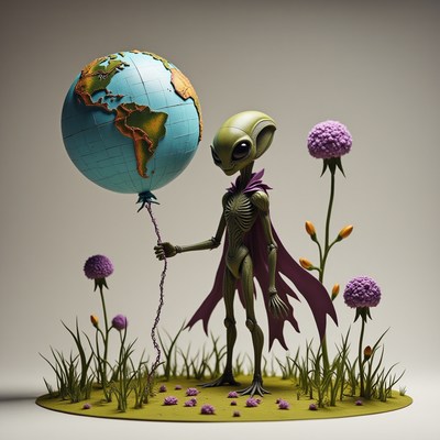 Alien figure holding a globe balloon in a vibrant setting