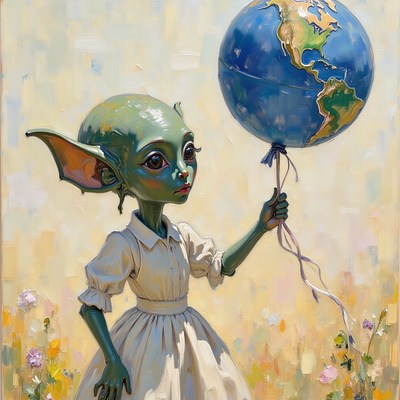 Child holding a globe balloon in a grassy field