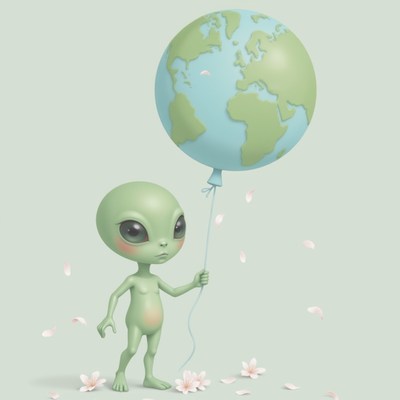 Alien child holding a globe balloon in a serene setting