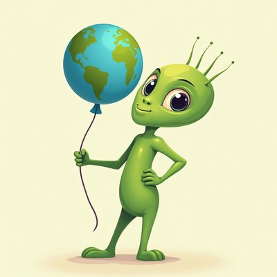 Cheerful green alien with a globe balloon