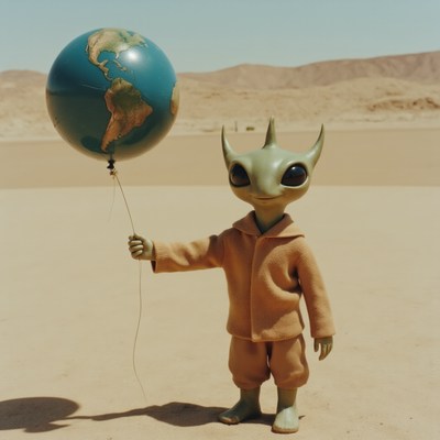 Green alien child holds globe in a desert environment