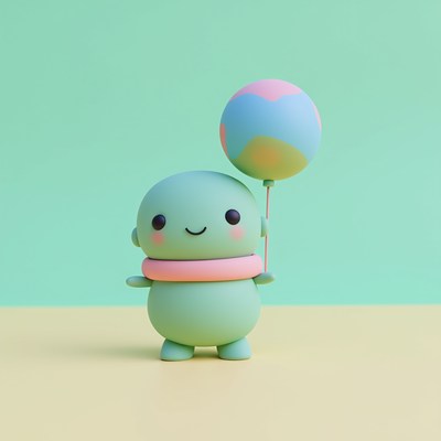 Cute green character holding a colorful balloon