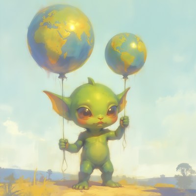 Cute creature holding globes in a sunny landscape