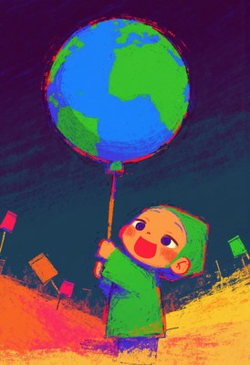 Child joyfully holding a colorful globe balloon outdoors